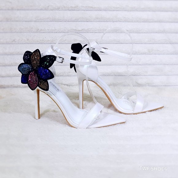Ellie Pearl White Stiletto High Heels With Diamante Flowers - Picture 8 of 13